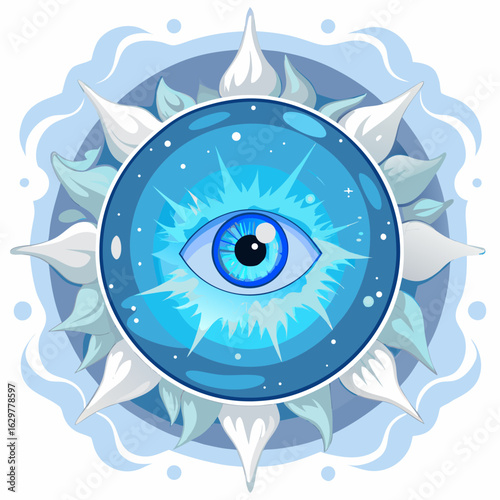 Blue eye symbol with sunburst and floral elements isolated on white background