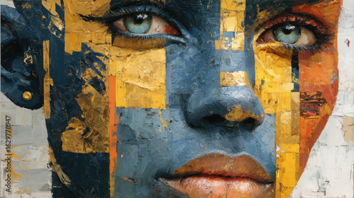 Composition of a stylized acrylic-painted woman’s face