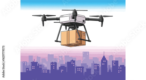 Drone delivery services fast shipping in urban city cartoon art