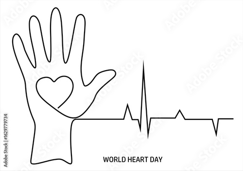 World Heart Day Hand with Heart & EKG. Art. line icon-continuous line drawing. Editable stroke.