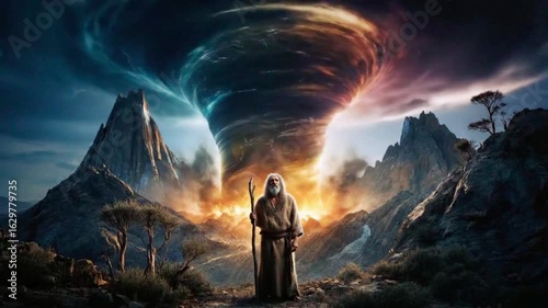 Moses lightning storm mountain dramatic sky biblical scene religion