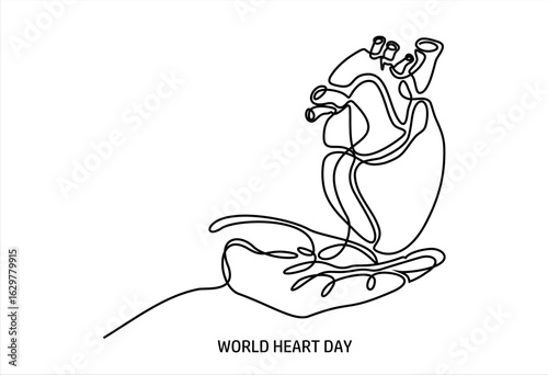 World Organ Donation Day with Heart for Transplantation, line art Hand holding human realistic liver, heart, kidneys, lungs. World Organ Donation Day
