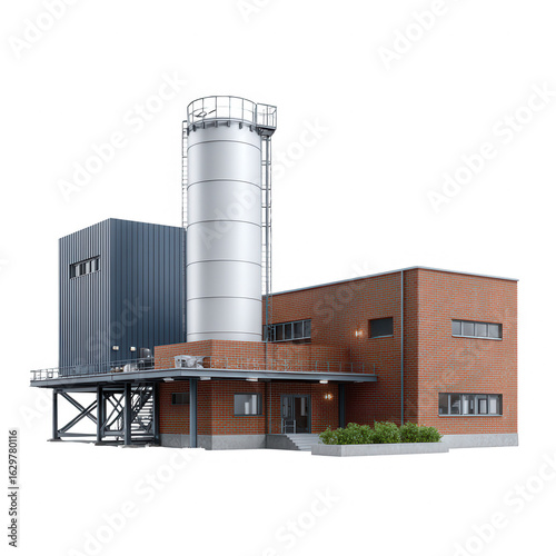Modern industrial building with a large cylindrical structure, brick facade, and a functional design. Ideal for representations of manufacturing and technology.