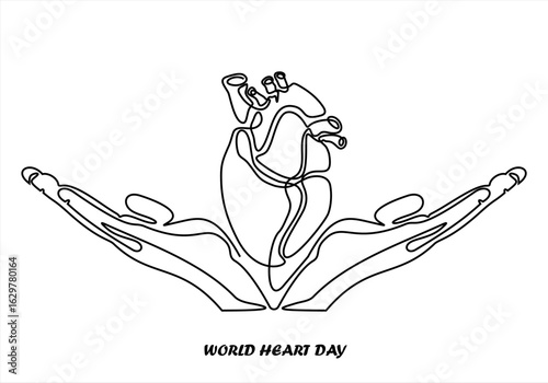 World Organ Donation Day with Heart for Transplantation, line art Hand holding human realistic liver, heart, kidneys, lungs. World Organ Donation Day