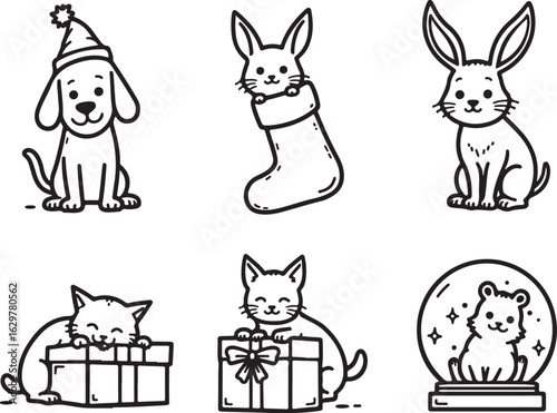 Cute pets enjoy holiday cheer with festive gifts and snow globe fun