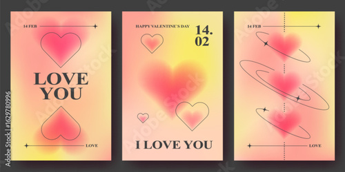 Y2k Valentine cards with blurred heart shapes and red yellow gradient backgrounds. Retro cyber love designs with orbital lines, sparkles and romantic typography for February 14 celebration.
