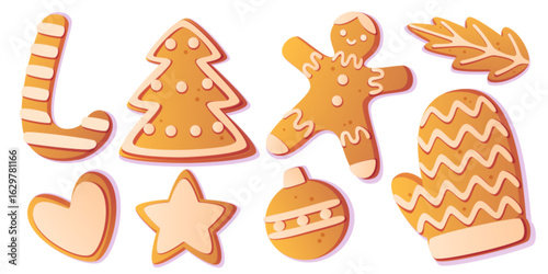 Gingerbread cookie set - festive ginger character with icing smile, zigzag stripes glove, star shape, heart and candy cane, bauble ornament. Christmas bakery treats for holiday decoration design.