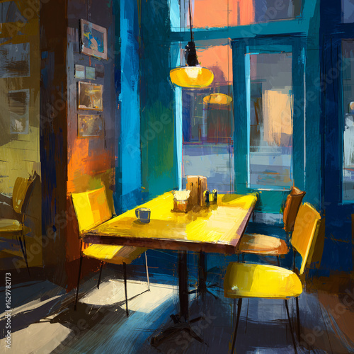 A digital painting of a cozy city café table