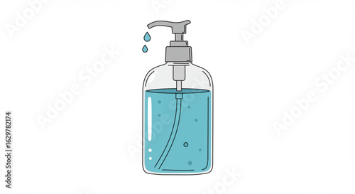 Illustration of a clear plastic bottle with blue liquid and a pump dispenser releasing two drops vreated with genrated ai