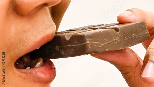 Close-up of a person taking a large bite of a dark chocolate bar.