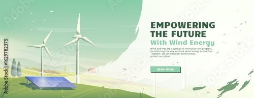 Wind energy landscape banner - renewable power turbines, solar panels on green hills with text promoting sustainable innovation. Clean electricity generation for environmental protection campaigns.