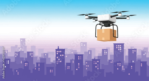 Drone delivery service fast shipping in the city vector design