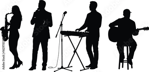 Musician silhouettes set, band performing with saxophone, singer, keyboard player