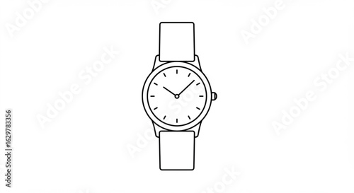 Illustration of a classic wristwatch with a round face and a simple band design in black and white outline vreated with genrated ai