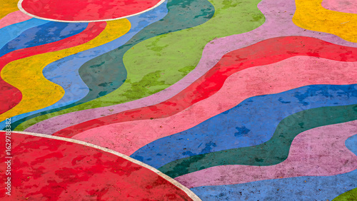 Abstract aerial view of a colorful painted surface with wavy lines and circular shapes in vibrant hues.