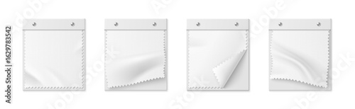 White fabric swatch mockup set of textile samples with zigzag edges. Blank canvas material pieces with folded corners for fashion presentation design catalogs or interior decoration portfolios.
