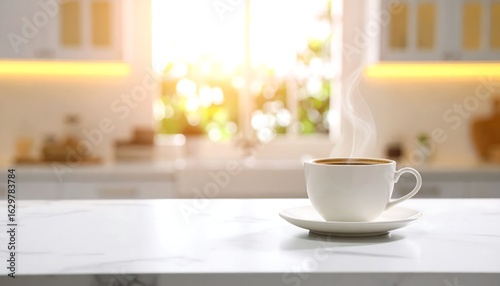 Wallpaper Mural Steaming coffee cup on marble countertop with bright kitchen background Torontodigital.ca