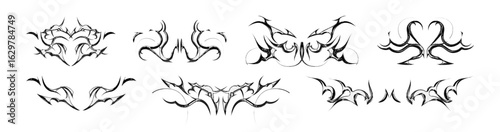 Tribal y2k metal tattoo collection with symmetrical gothic designs for alternative style and body art. Black flame ornaments with sharp edges and metalcore aesthetic. Vector decorative elements