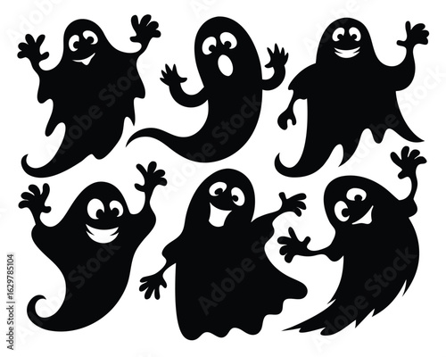 Group of six black cartoon ghosts on white background.eps
