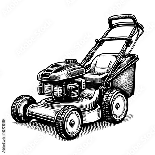 Hand drawn of lawnmower machine for cutting grass	sketch black and white illustration