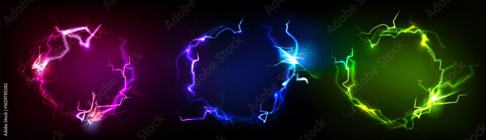 Fototapeta premium Vibrant electric effects with circle formations and bolt patterns for dynamic light displays or energy backgrounds with neon glow elements. Colorful lightning designs for modern digital projects.