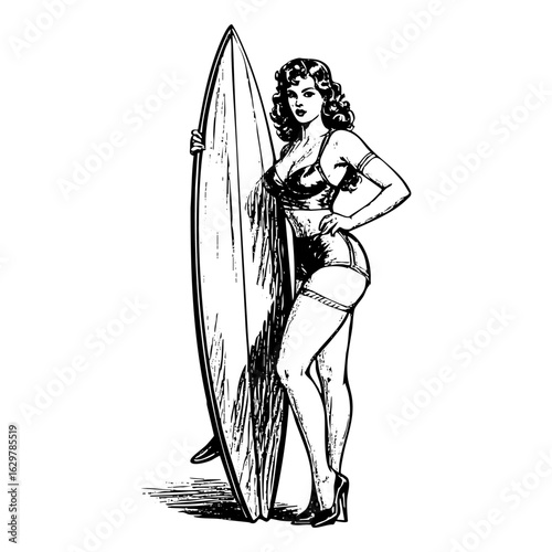 pin-up girl woman with a surfboard, classic beach vibes	sketch engraving generative ai fictional character raster illustration. Scratch board. Black and white