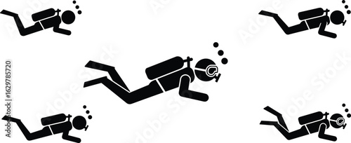 Scuba diver silhouette vector illustration, underwater diving icon set for ocean exploration