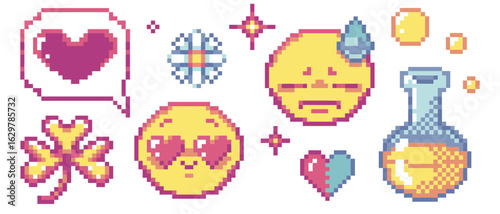 Pixel art y2k set - pink heart love speech bubble, clover leaf, emoticon in love and sweating face, romantic symbol, magic potion bottle for retro game interface. Vintage sparkle and flower icons