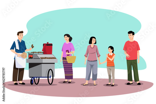 People waiting to buy street food character set in modern style vector illustration
