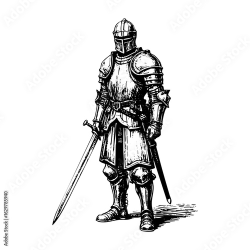 Knight armor holding sword ready to fight in Engraving Detailed Black and White Art Style