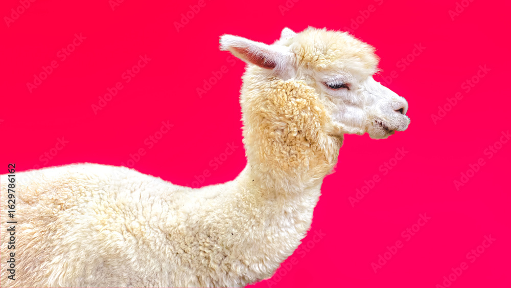 Fototapeta premium A fluffy white alpaca with closed eyes against a vibrant pink background.