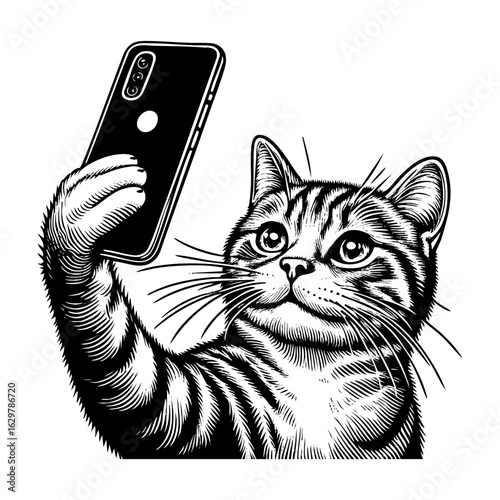 Cute black Cat selfie camera with smartphone	with Classic Lines black and white