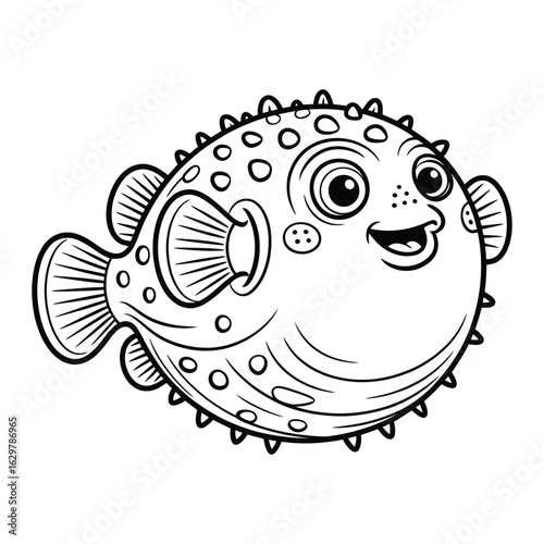 Pufferfish puffed up Coloring Page, Vector, Illustration, Icon, Outline, Line Art, Silhouette, White Background.