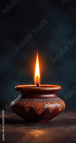 Close-up of a small, terracotta oil lamp with a bright flame