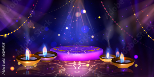 Diwali scene with glowing purple platform, golden oil lanterns burning blue flames, bokeh magical sparkles on dark background - spiritual atmosphere for Indian festival of lights cards.