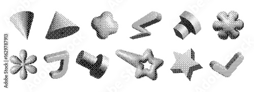 Y2k brutalism pixel shapes with halftone gradient effects for modern graphic design and digital art. Abstract geometric forms with dotted texture patterns. Retro futuristic elements for web or print.