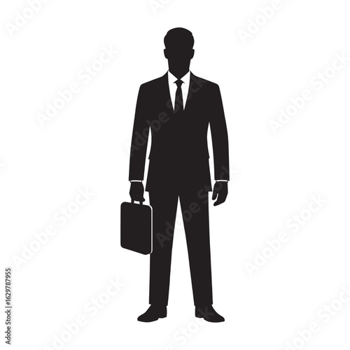 Professional businessman in a sharp suit and tie holding a briefcase standing confidently as a stark black silhouette against a clean white background representing success and corporate power silhouet