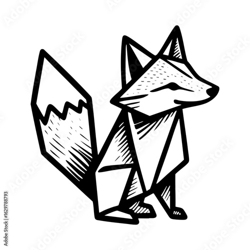 Fox origami paper folded in engraving style black and white