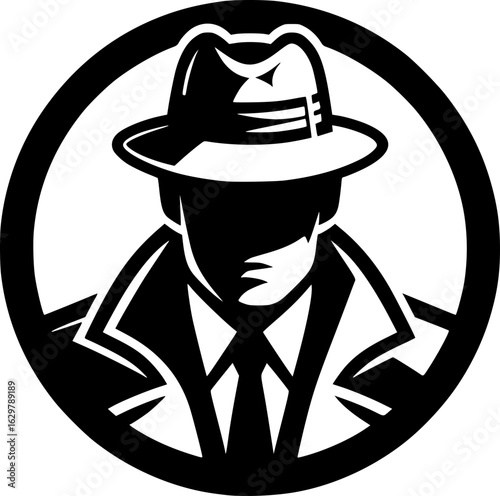 Minimalist black and white icon of a detective with clean lines, perfect for mystery-themed logos, stickers, or digital use in modern style.