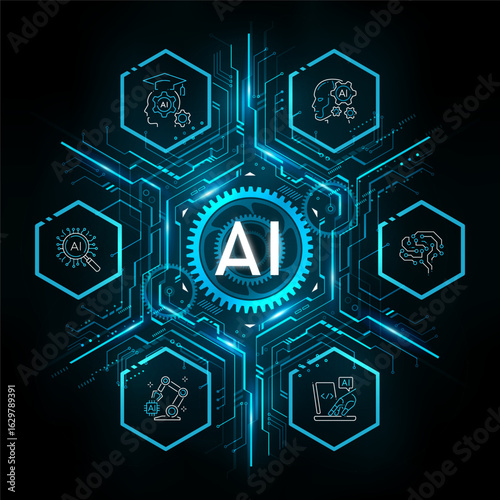 Artificial Intelligence Logo on futuristic technology Hexagon background icon, AI agentic technology concept, neural network, big data, digital Hud futuristic and deep learning, vector illustration