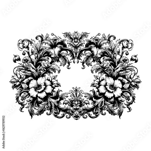 Vintage oval floral frame with decorative curls and flowers design inspiration
