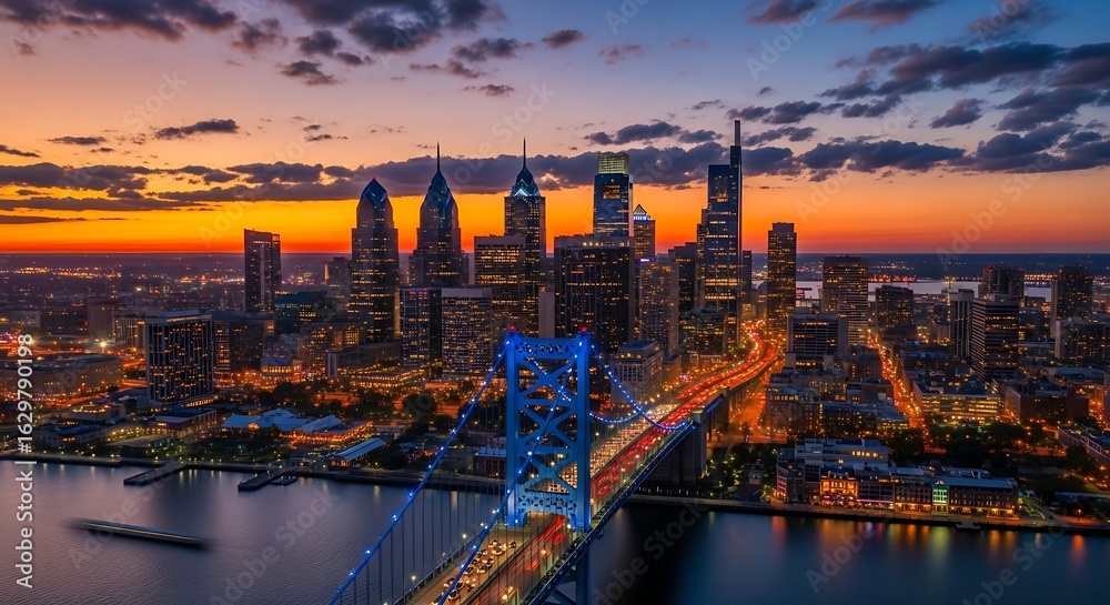 Fototapeta premium Philadelphia skyline at dusk highlighting the Ben Franklin Bridge and urban landscape