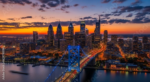 Philadelphia skyline at dusk highlighting the Ben Franklin Bridge and urban landscape