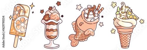 Kawaii ice cream set - taiyaki fish with whipped topping and chocolate, soft serve cone with citrus, orange popsicle decorated with sparkles, layered parfait in glass with flowers for frozen desserts.