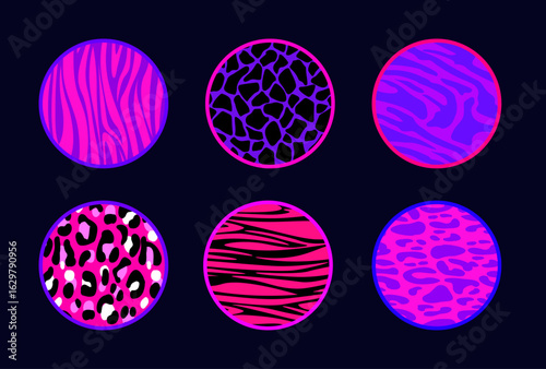 Trendy girly circles in y2k style with wild animal print textures - zebra stripes, giraffe spots and leopard patterns for sticker designs. Tiger markings for accessories decoration.