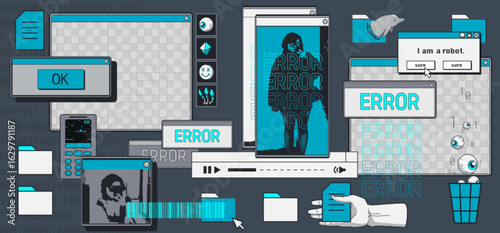 Nostalgic retro interface with y2k internet aesthetics - error popups, dialog boxes and windows for vintage web design. Classic desktop elements with toolbars and glitches for digital UI projects.