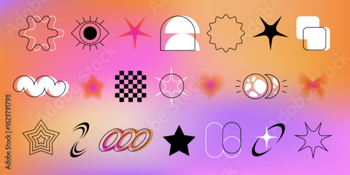 Trendy y2k elements on gradient bg - wavy shapes, eye icon with arch and sparkle stars for retro aesthetics. Checkered patterns with bubbles, chain links and crescent moons for nostalgic designs.