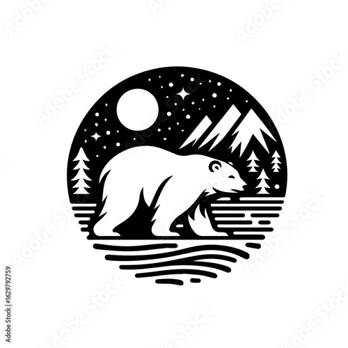 Polar bear walking in a stylized arctic landscape at night