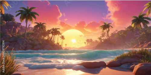 Vibrant tropical sunset silhouette on a beach with palm trees and a calm sea