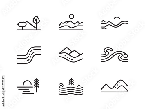 River line art flowing gently through peaceful valleys
